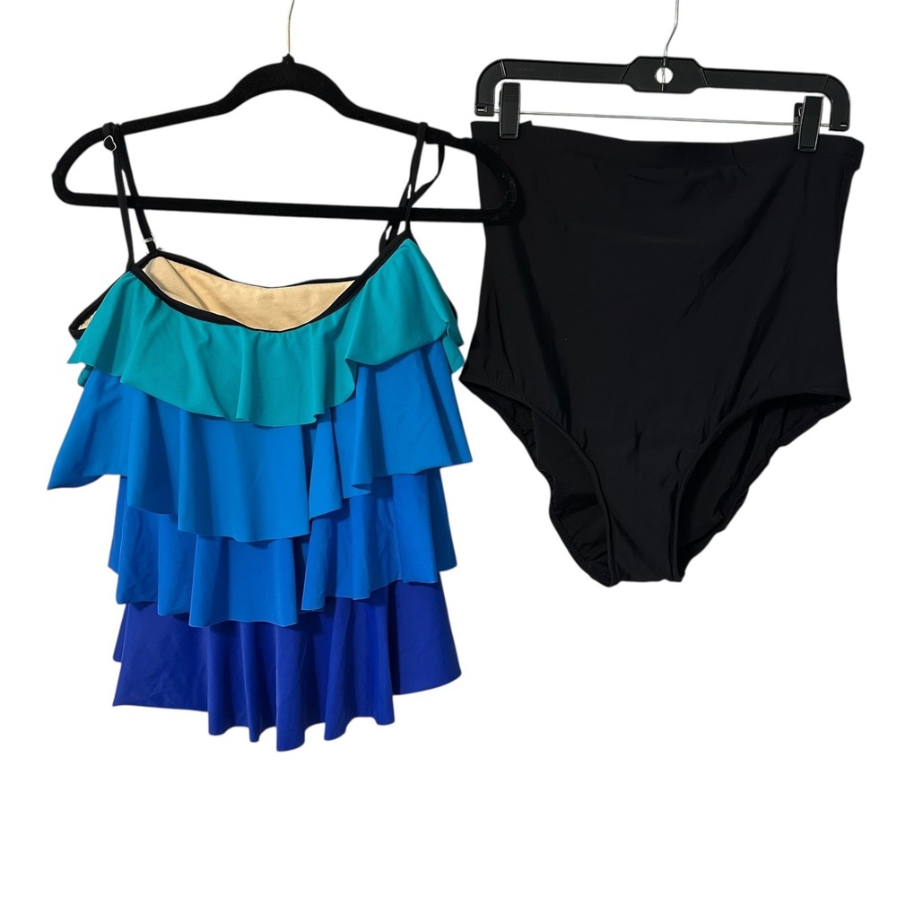 Swimsuit Tankini Top Black High Waist Bikini Bottom Tiered Ruffle Blue Teal